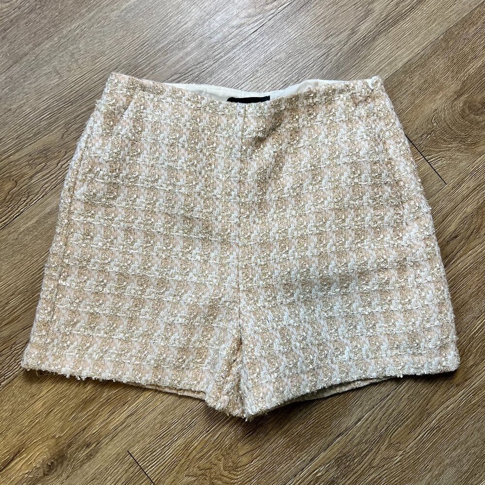 Express Shorts Women's 2 Tweed High Waist Metallic Gold Cream Disco Shimmer